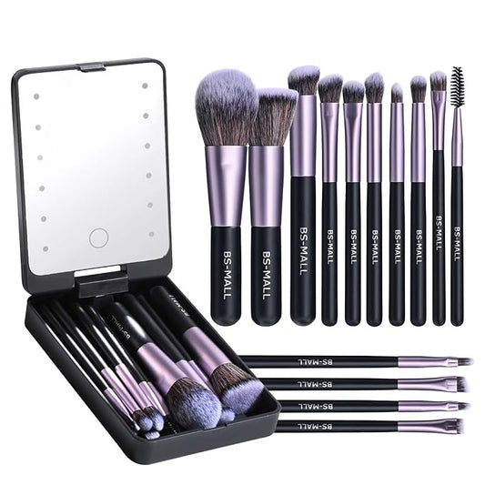 Juego de brochas de maquillaje y espejo de luz LED
