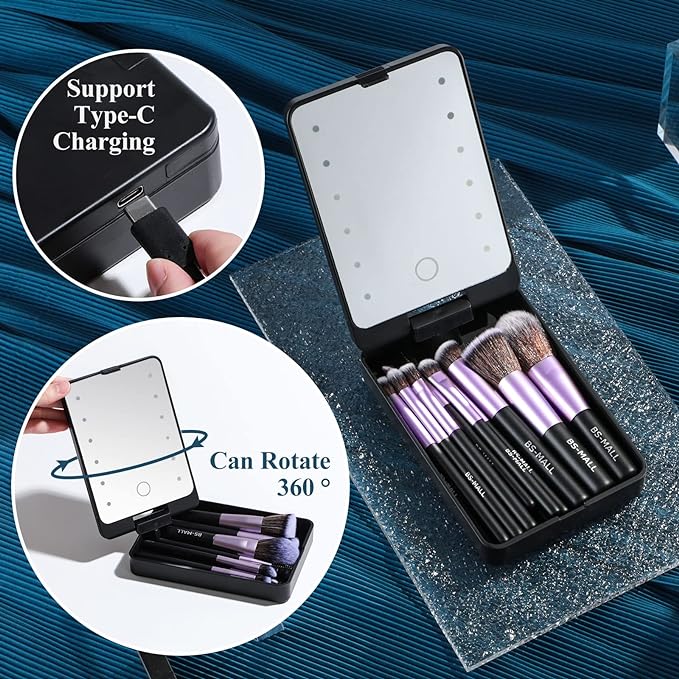Juego de brochas de maquillaje y espejo de luz LED